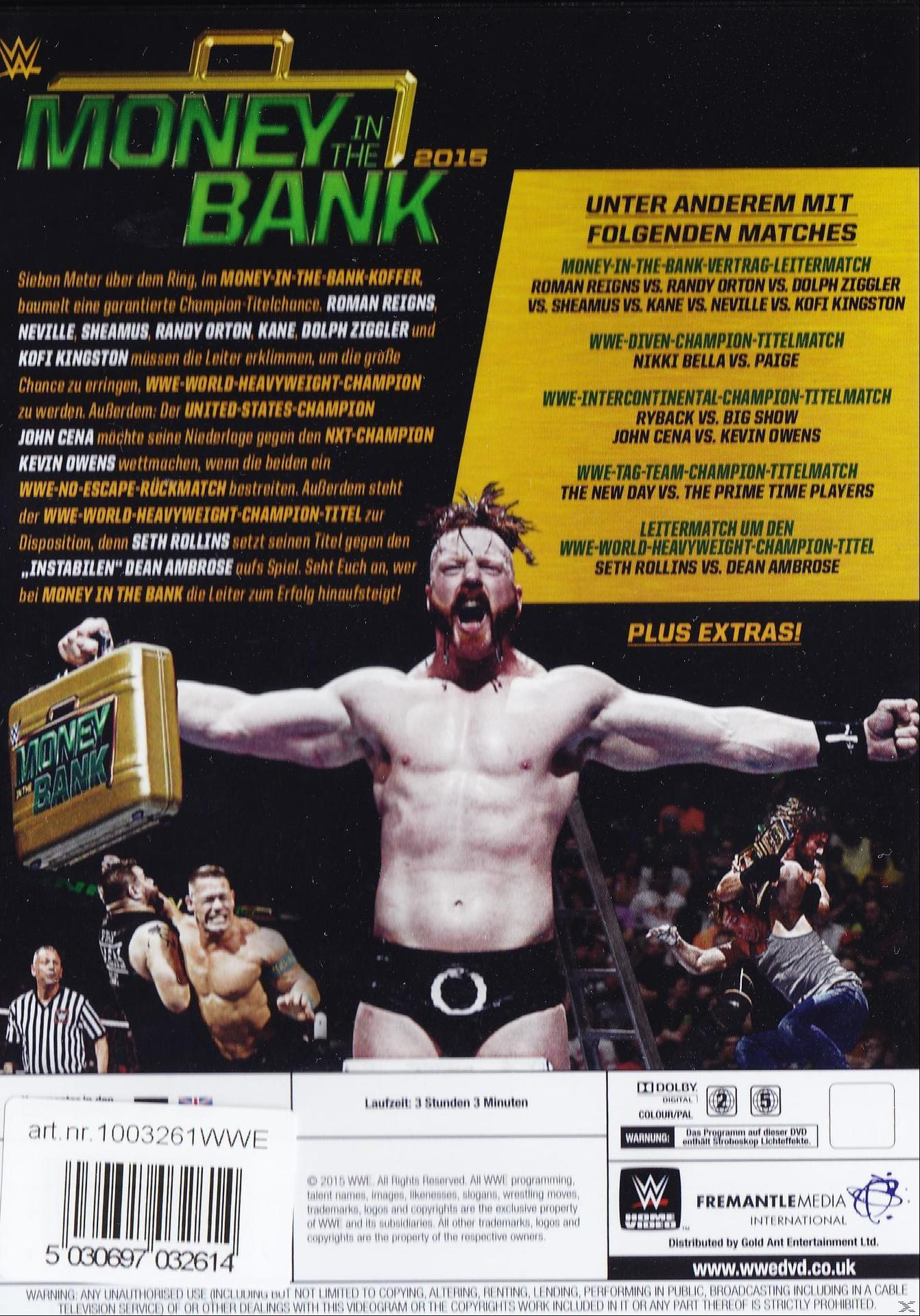 WWE Money in the Bank DVD-Cover. Wrestler mit Money in the Bank-Koffer, andere Wrestler im Hintergrund.