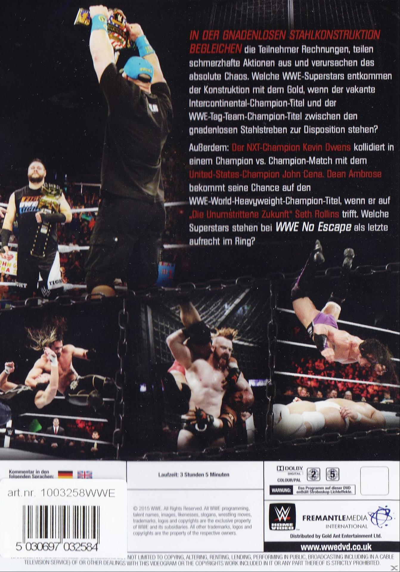 WWE No Escape DVD-Rückseite. Wrestler sind im Ring, mit Text auf Deutsch.