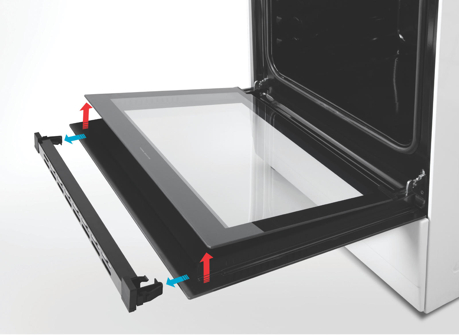 Oven door assembly with glass panels and black frame being removed.
