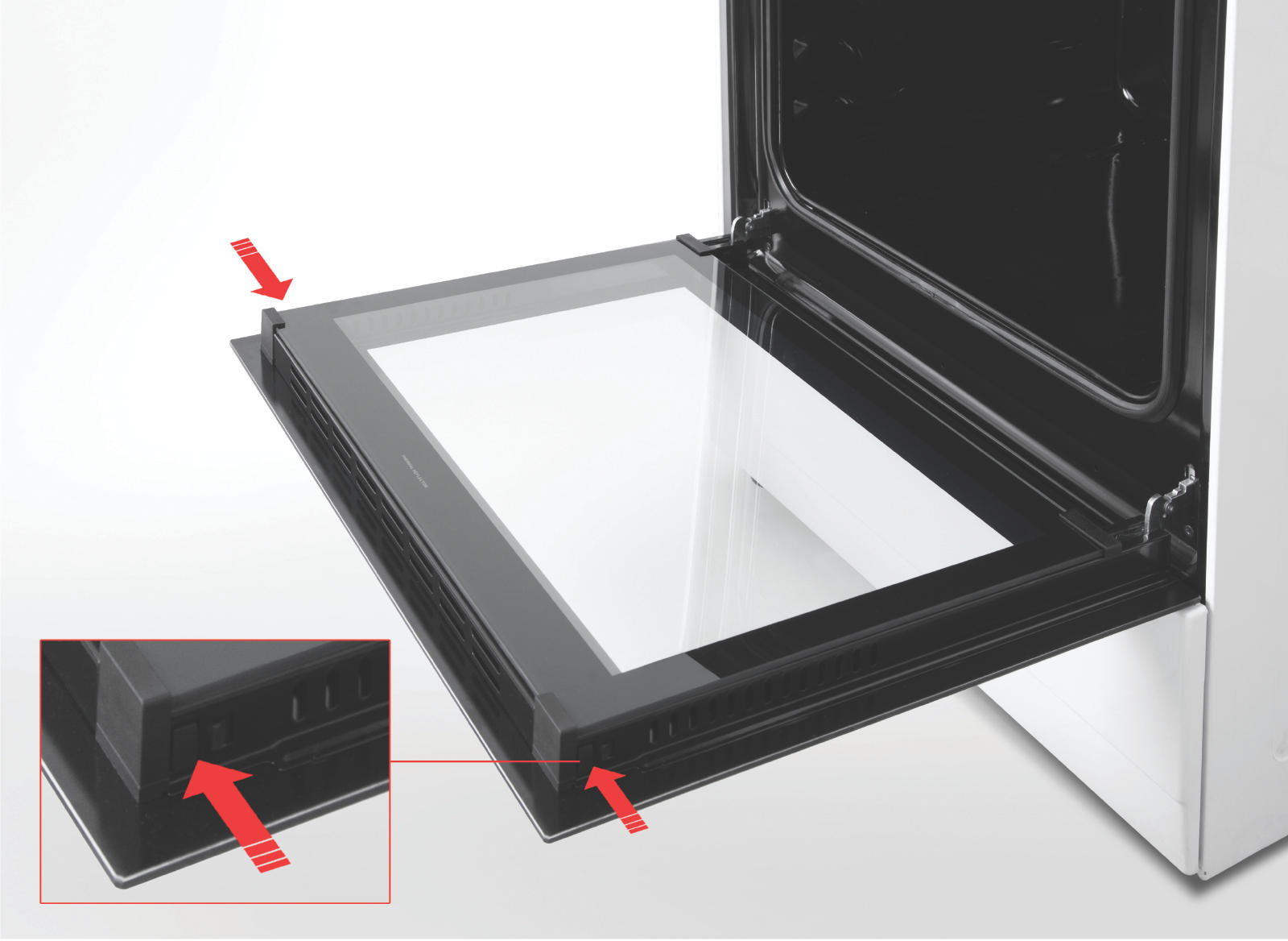 Close-up of an oven door with the glass panel removed and arrows pointing to the locking mechanisms.
