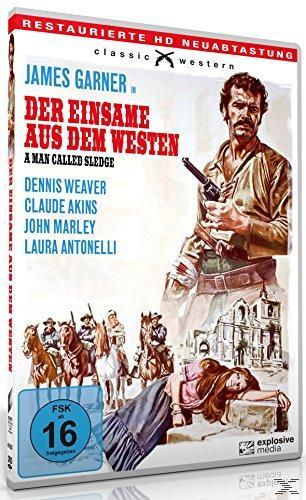DVD-Cover: Western-Filmszene, Mann mit Pistole, Titel 'A Man Called Sledge', blauer Rand.
