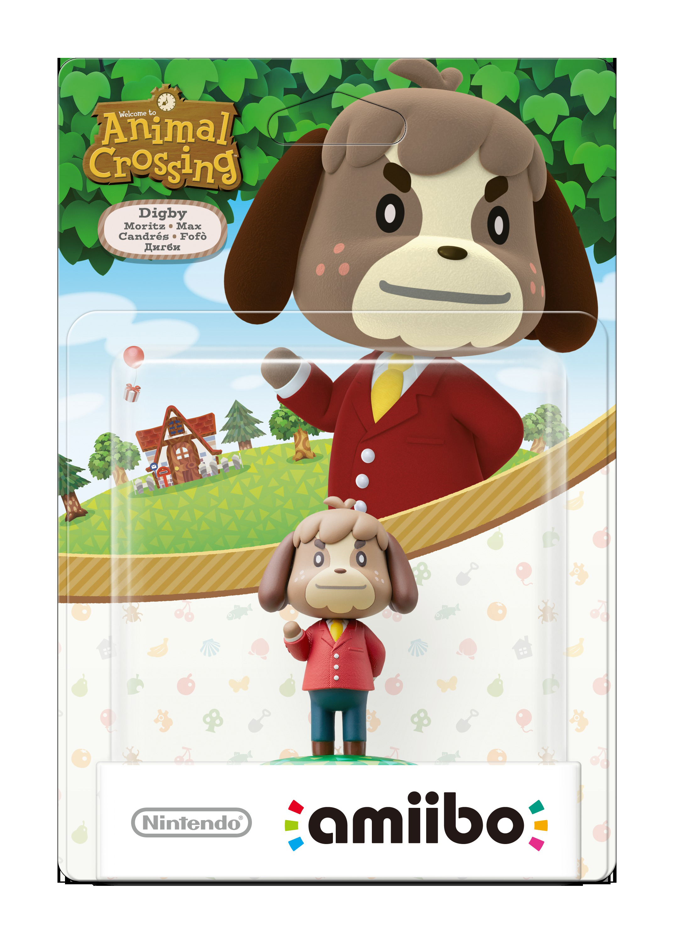 Animal Crossing Digby Amiibo-Figur in Verpackung. Digby trägt einen roten Anzug und eine gelbe Krawatte.