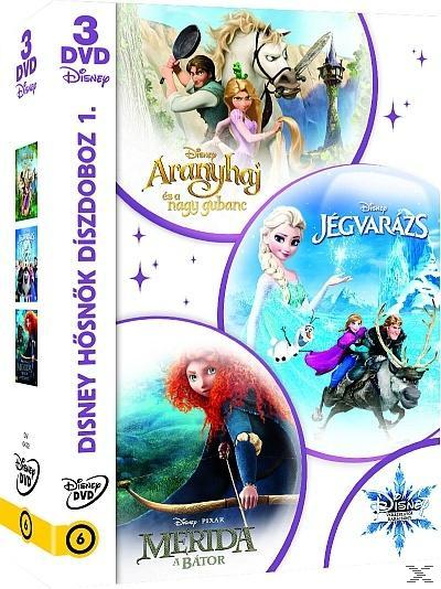 DVD-box set három Disney film borítóval. Fehér háttér.