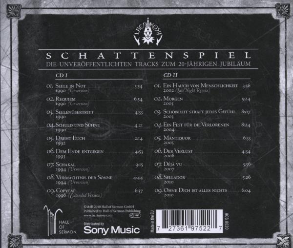 Albumcover mit schwarzem Hintergrund und einer Liste von Songtiteln.