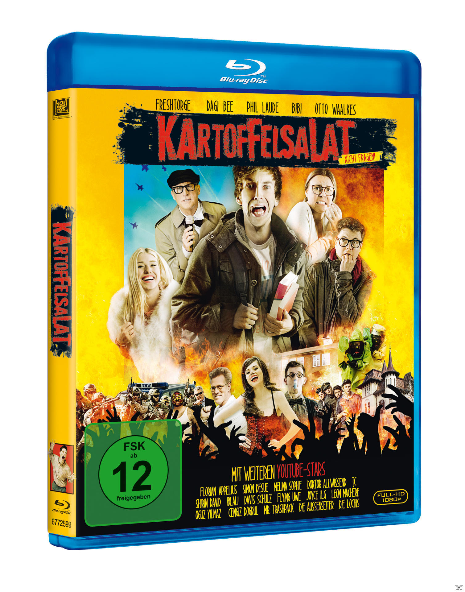 Filmcover mit einer Gruppe von Leuten. Der Titel 'Kartoffelsalat' steht in der Mitte mit einem Warnschild.