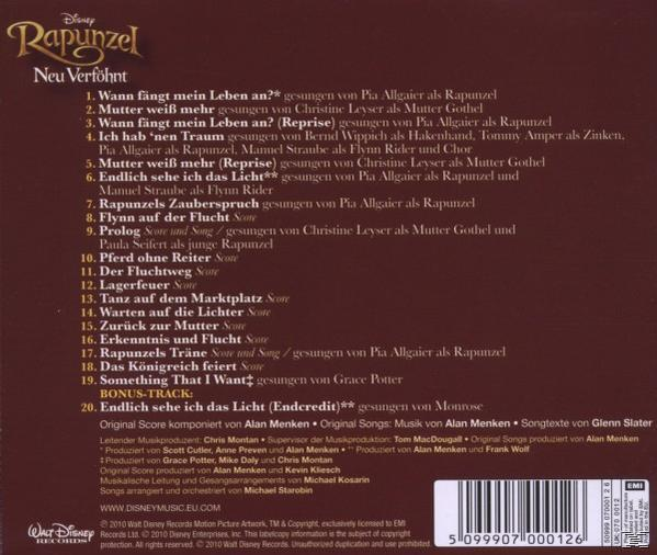 CD-Cover für 'Rapunzel'. Text auf Deutsch mit Songtiteln und Credits. Dunkelbrauner Hintergrund.