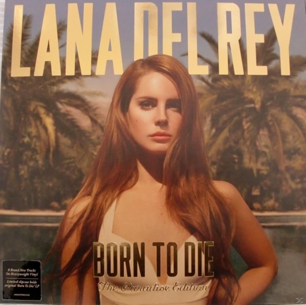 Album borító Lana Del Rey fotójával, a 'Born to Die' címmel és egy szalaggal.