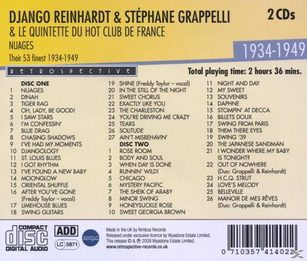 CD-Cover mit Django Reinhardt und Stéphane Grappelli, Auflistung von Songs 1934-1949. Enthält Text und ein CD-Logo.