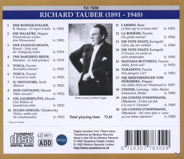 CD-Rückseite mit Titelliste von Richard Tauber, inklusive Song- und Künstlerinformationen.
