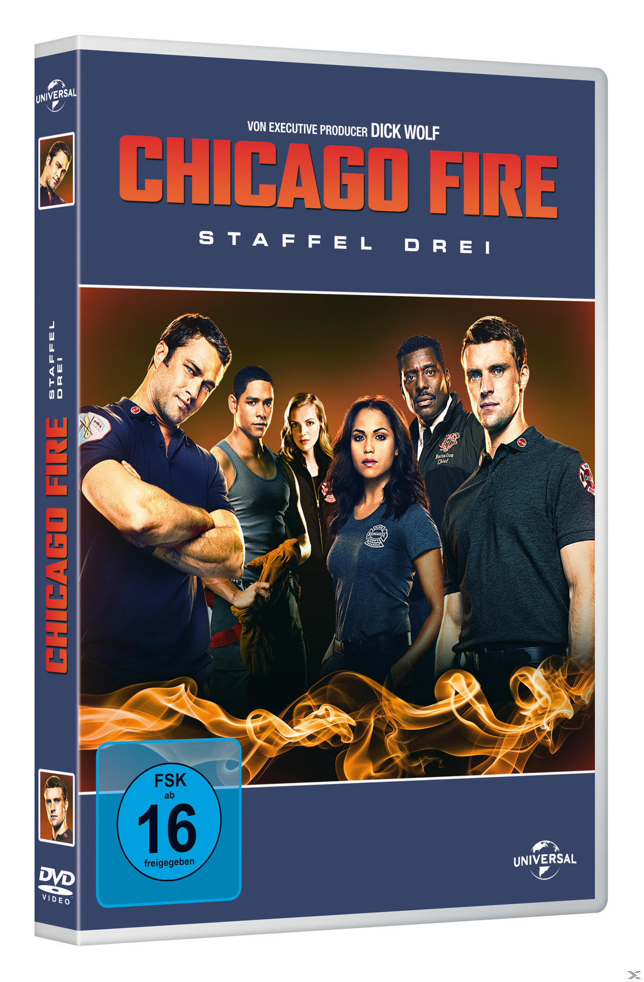 DVD-Cover für Chicago Fire: Staffel Drei mit Darstellern auf blauem Hintergrund.
