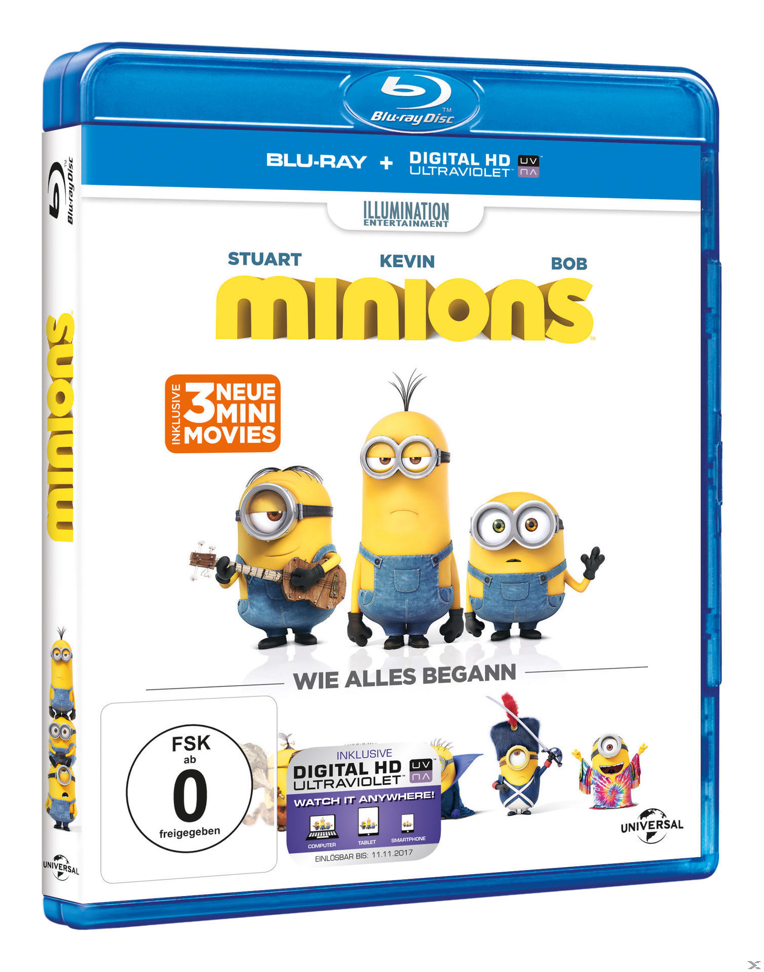Blu-ray-Cover des Films 'Minions'. Drei Minions sind auf dem Cover, umgeben von Text. Helle Farben.
