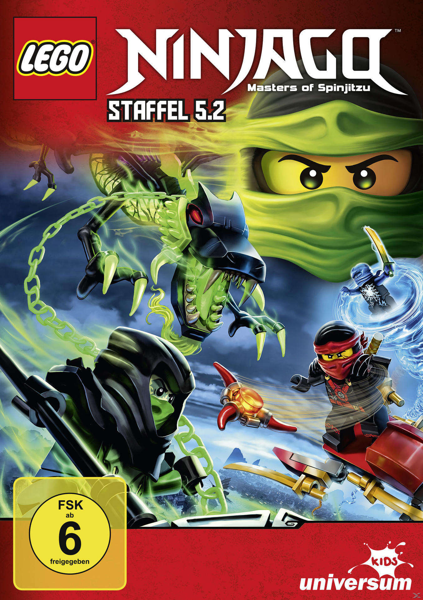 Lego Ninjago Cover. Ninjas und ein Drache kämpfen. Titel: Staffel 5.2.