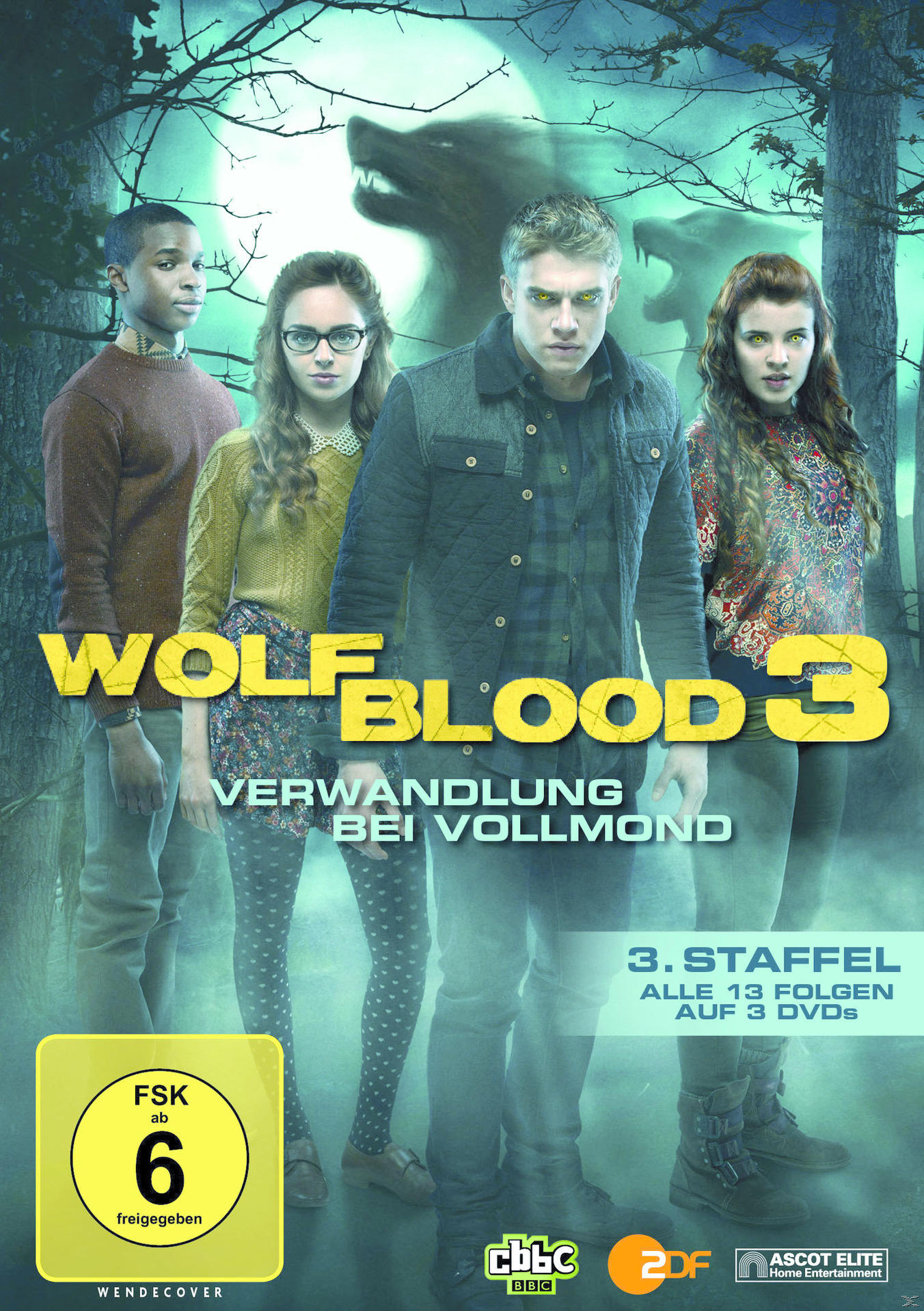 DVD-Cover: Wolfblood 3, vier junge Leute stehen, Wolfsbild oben.