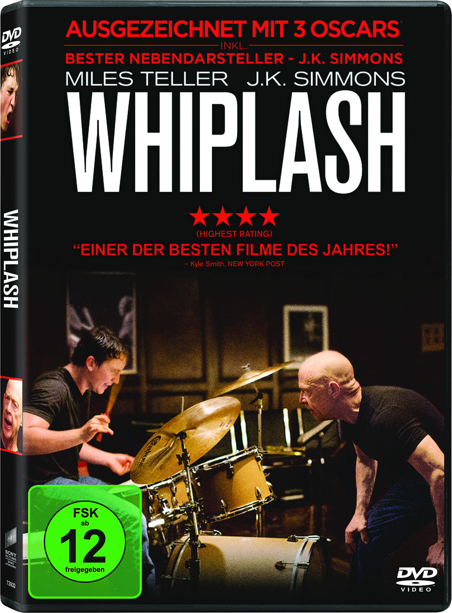 DVD-Cover des Films. Ein junger Mann spielt Schlagzeug. Ein Mann schreit ihn an. Text: Whiplash.
