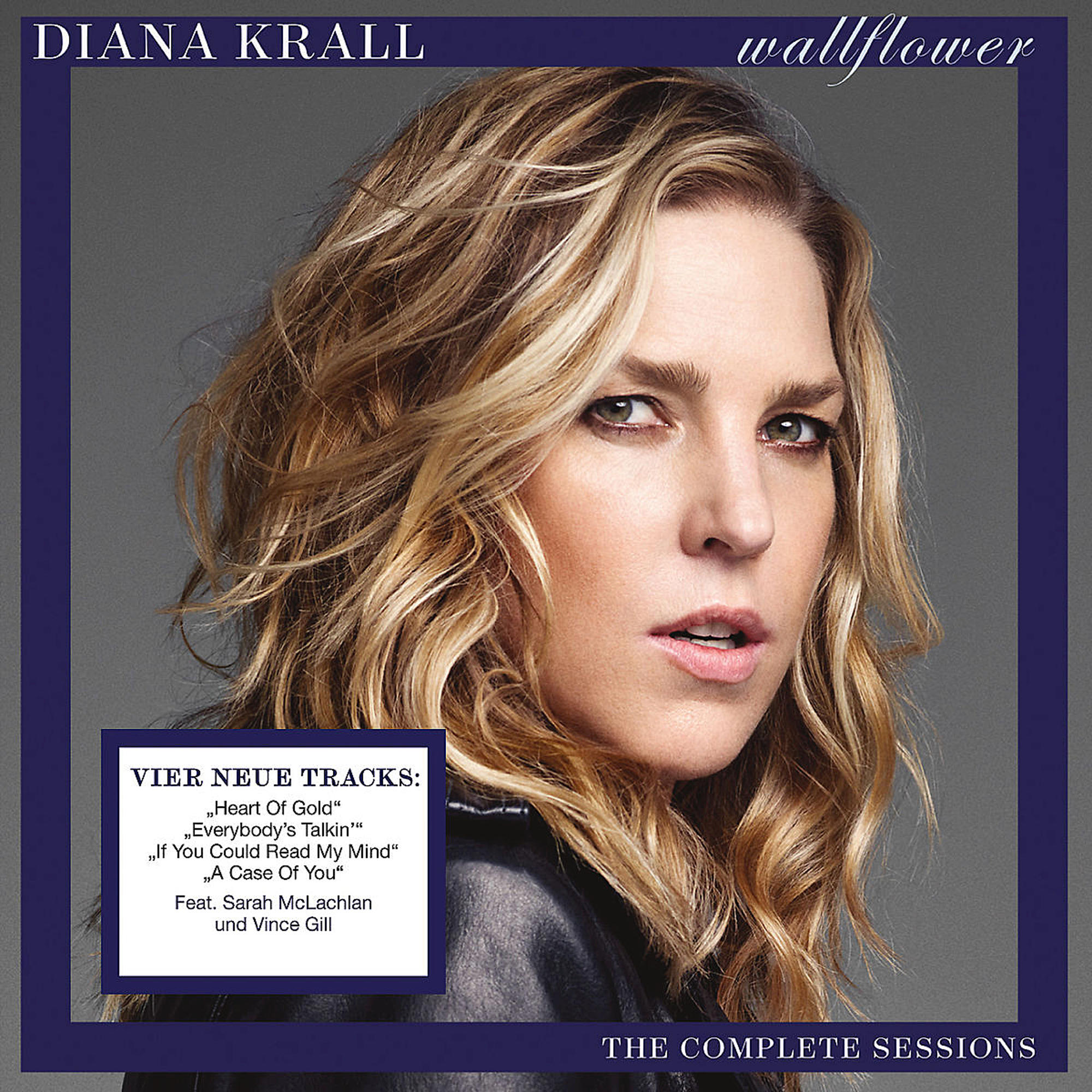 Pochette d'album, Diana Krall, portrait, cheveux blonds. Texte : Wallflower, The Complete Sessions.