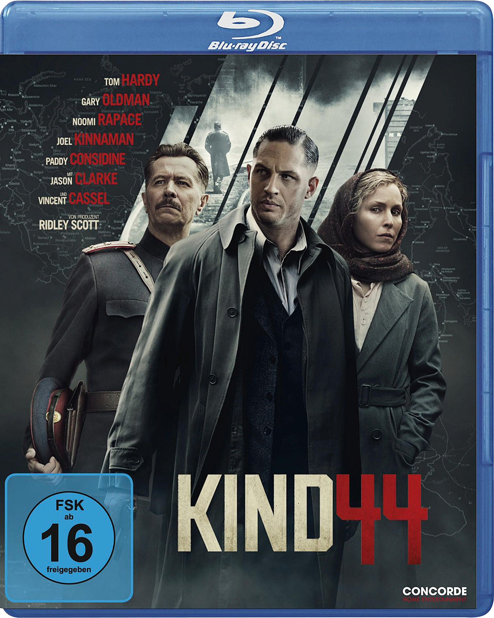 Kind 44 Blu-ray-Cover. Drei Männer in Mänteln, einer in Uniform. Dunkle, kriegsähnliche Umgebung.