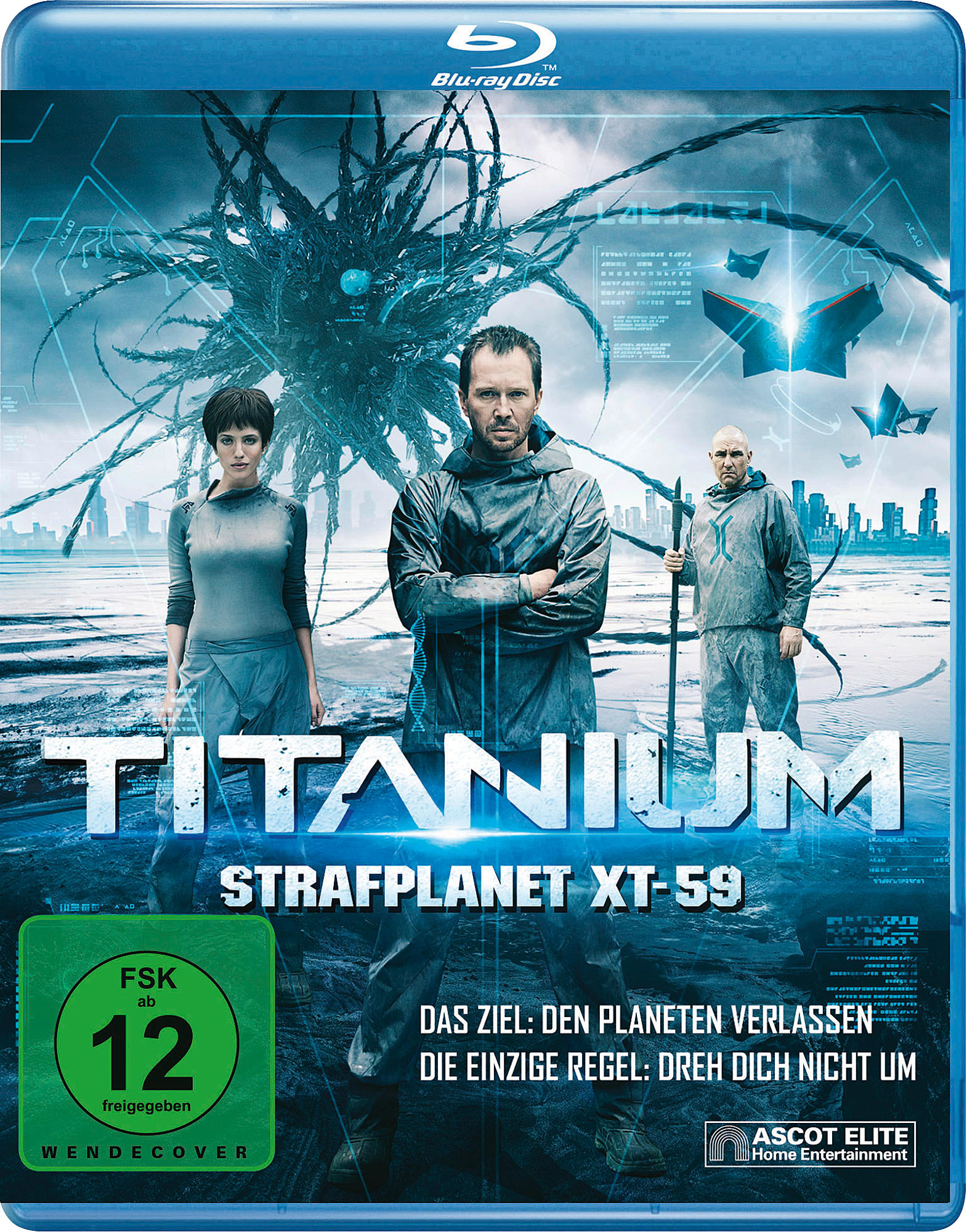 Blu-ray-Cover, drei Personen in futuristischem Setting, Titel 'Titanium', dunkelblauer Hintergrund.