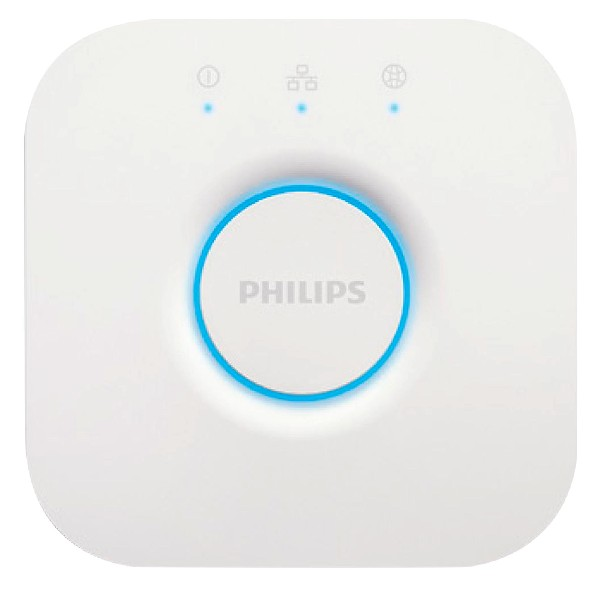 Puente Philips Hue cuadrado blanco. Tres luces indicadoras y un anillo azul iluminado.