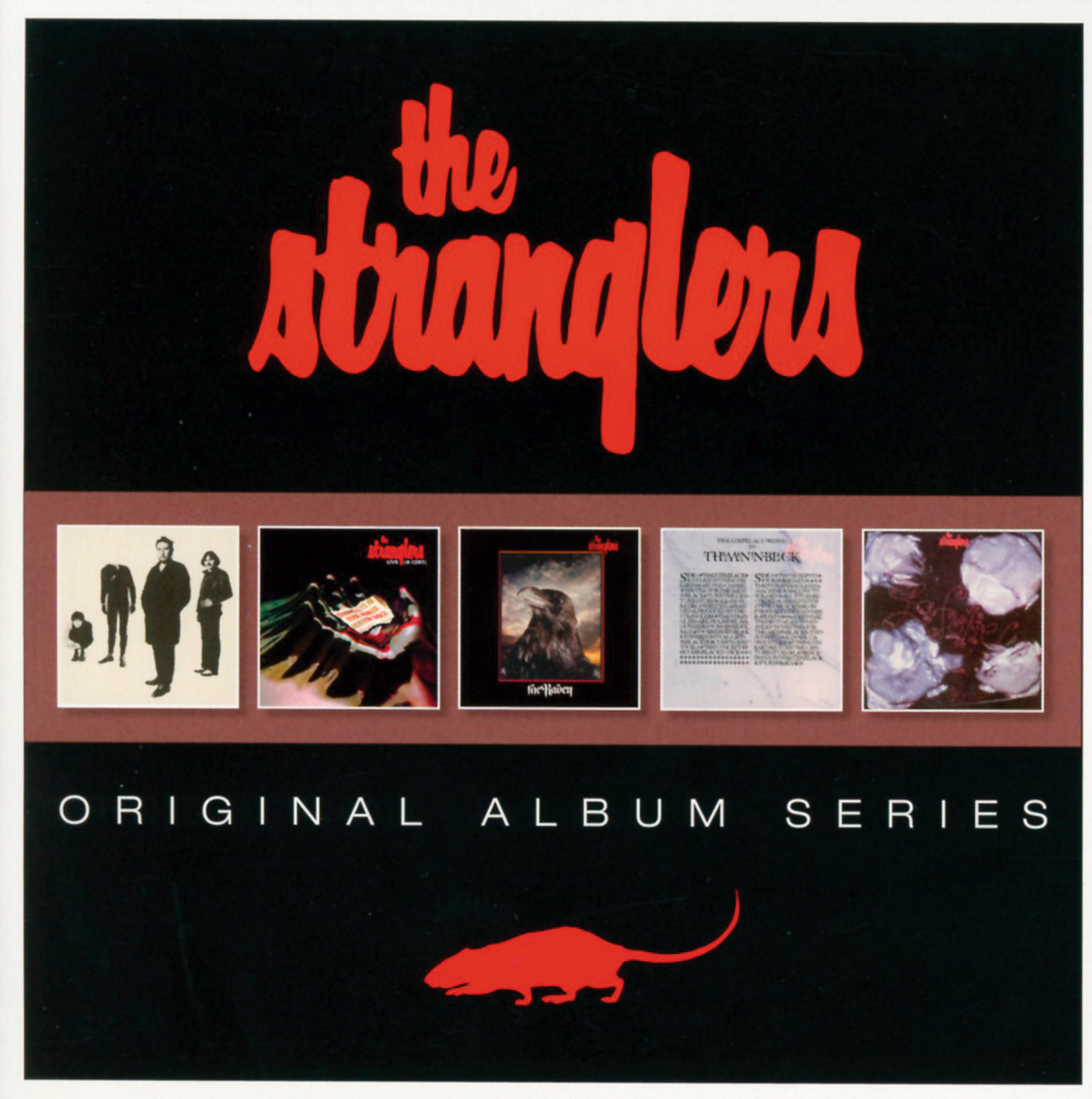 Albumcover mit Albumcovern und einer roten Ratte. The Stranglers.