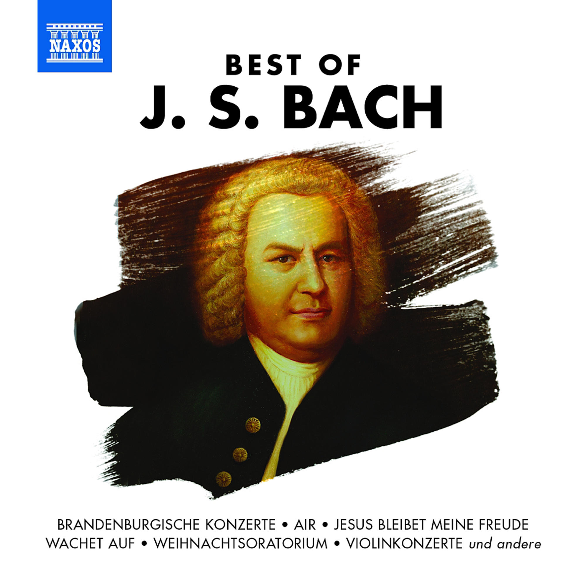 Albumcover: J.S. Bach Porträt mit Text, blaues Naxos Logo, und Songtiteln.