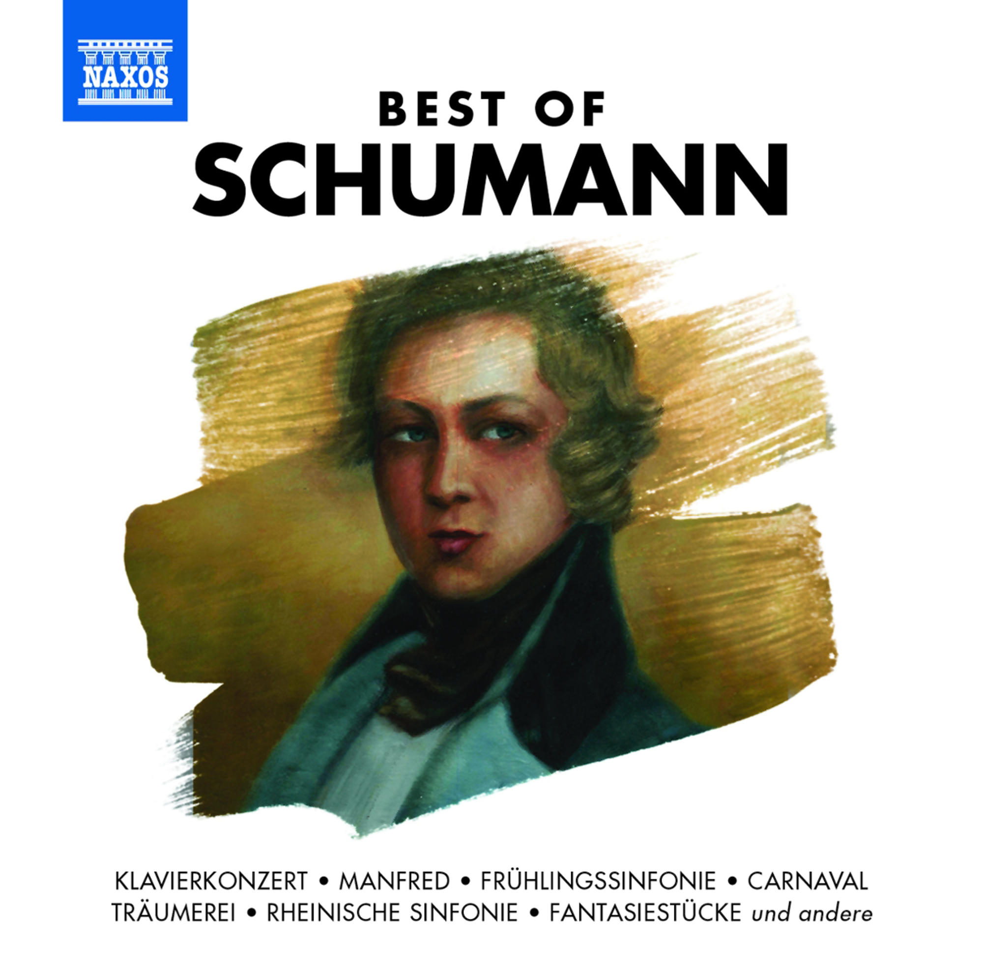 Albumcover-Art. Ein Männerporträt auf weißem Hintergrund. Text: Best of Schumann und weitere Musiktitel.