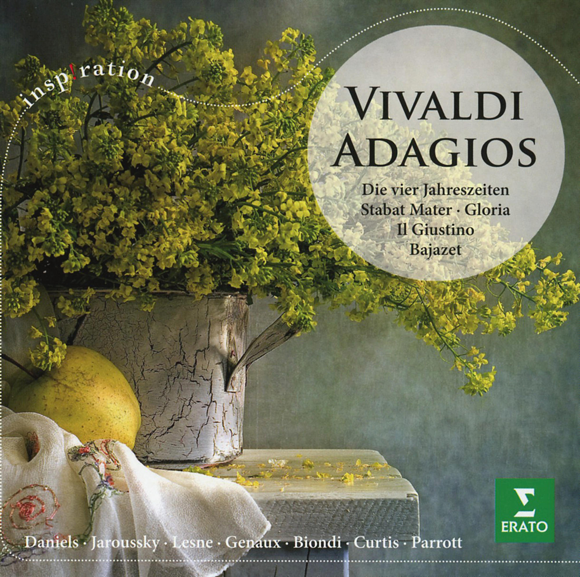 CD-Cover: Vivaldi Adagios. Gelbe Blumen in einem weißen Topf, eine Birne und Text.