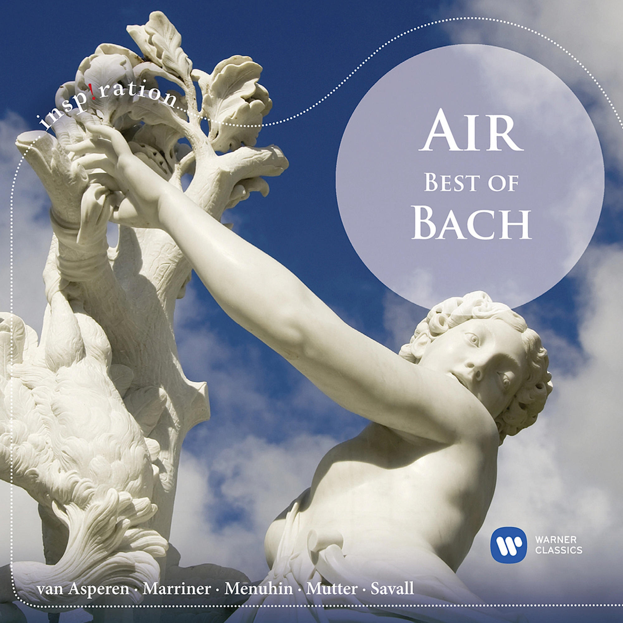 Statue eines Mannes mit einem Baum vor blauem Himmel. Der Text lautet 'Air, Best of Bach'.