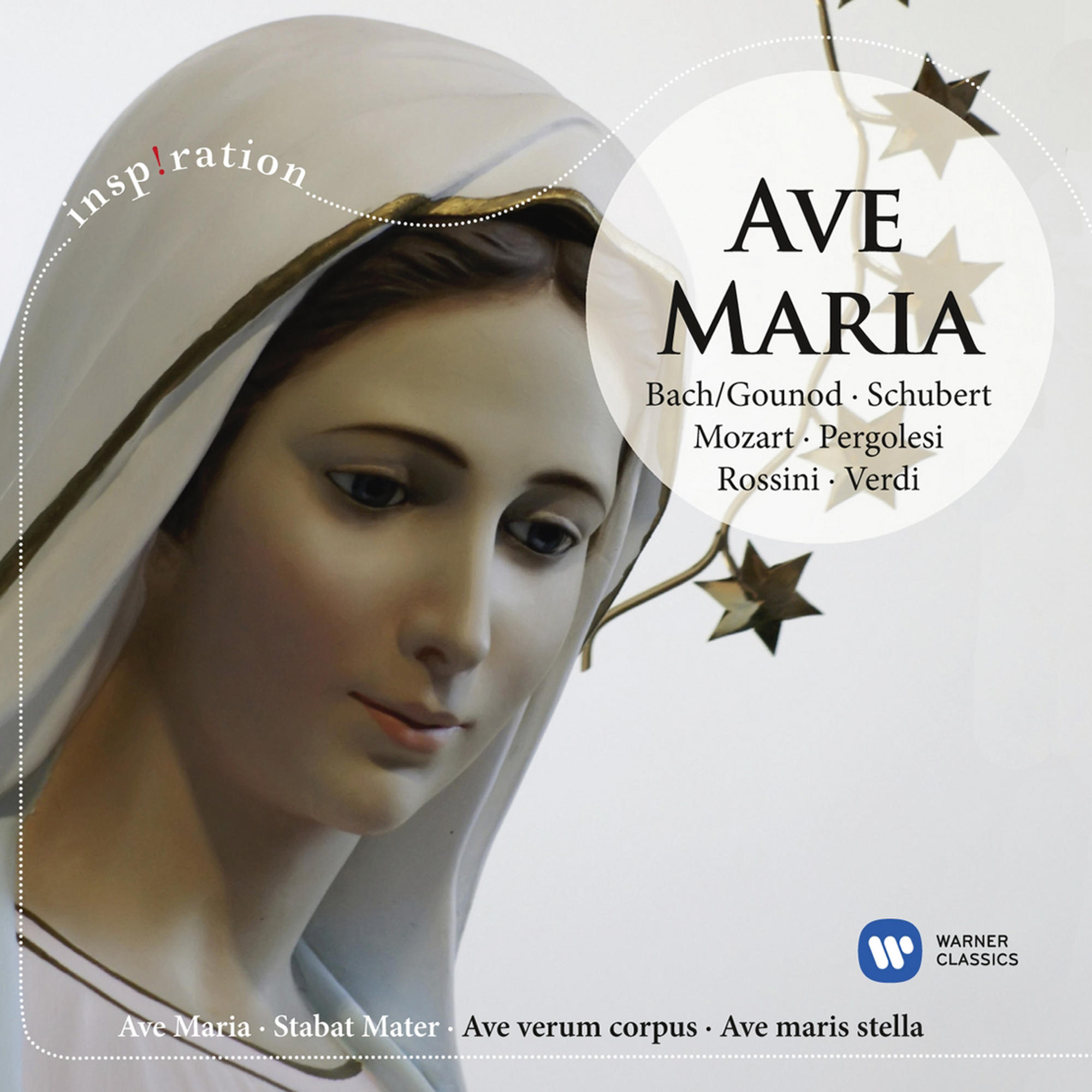 Bild einer Skulptur der Jungfrau Maria mit dem Text 'AVE MARIA' und Noten.