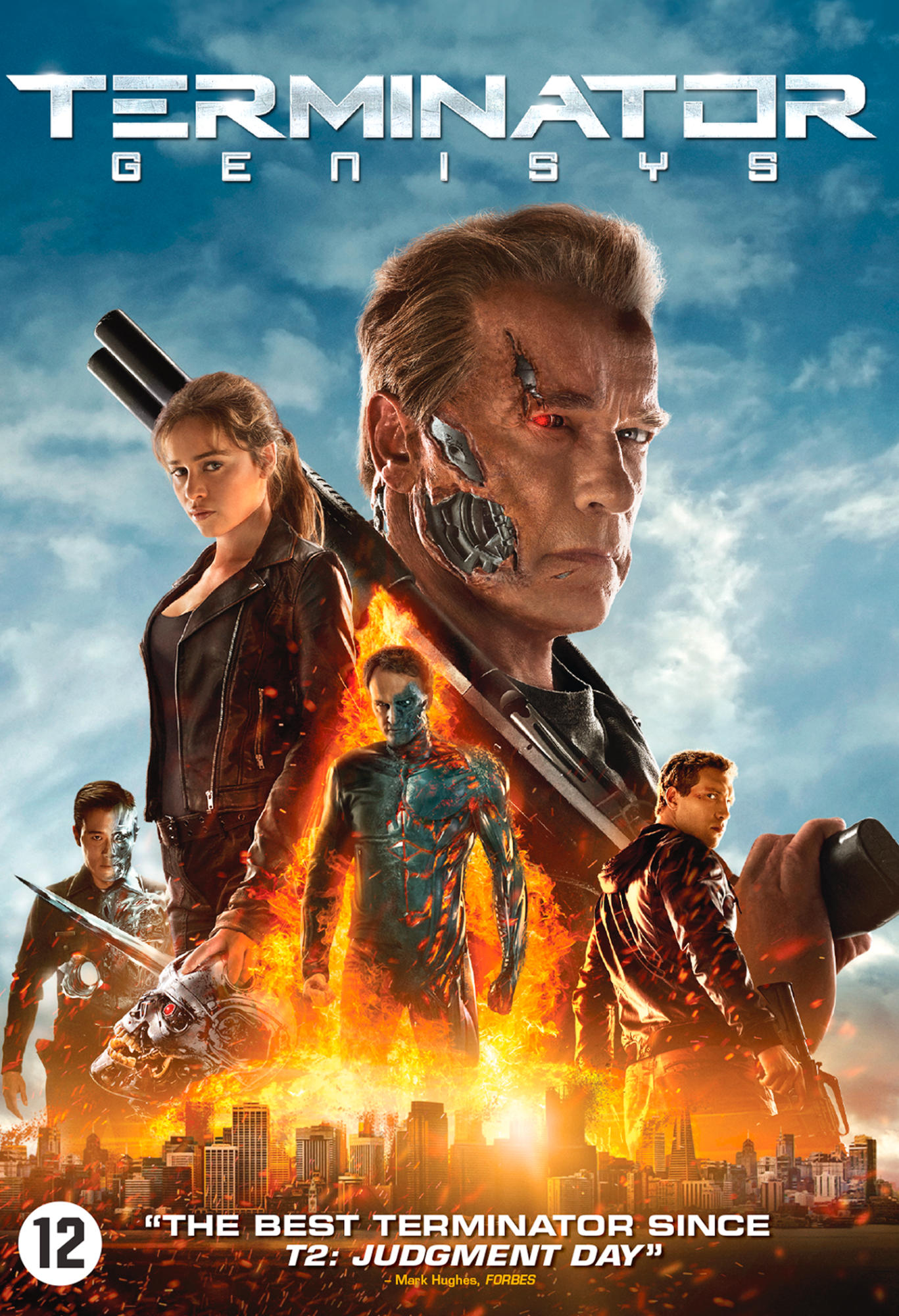 Filmposter voor Terminator Genisys. Het gezicht van Arnold Schwarzenegger is prominent aanwezig. Andere personages staan te midden van vuur en een stadsgezicht.