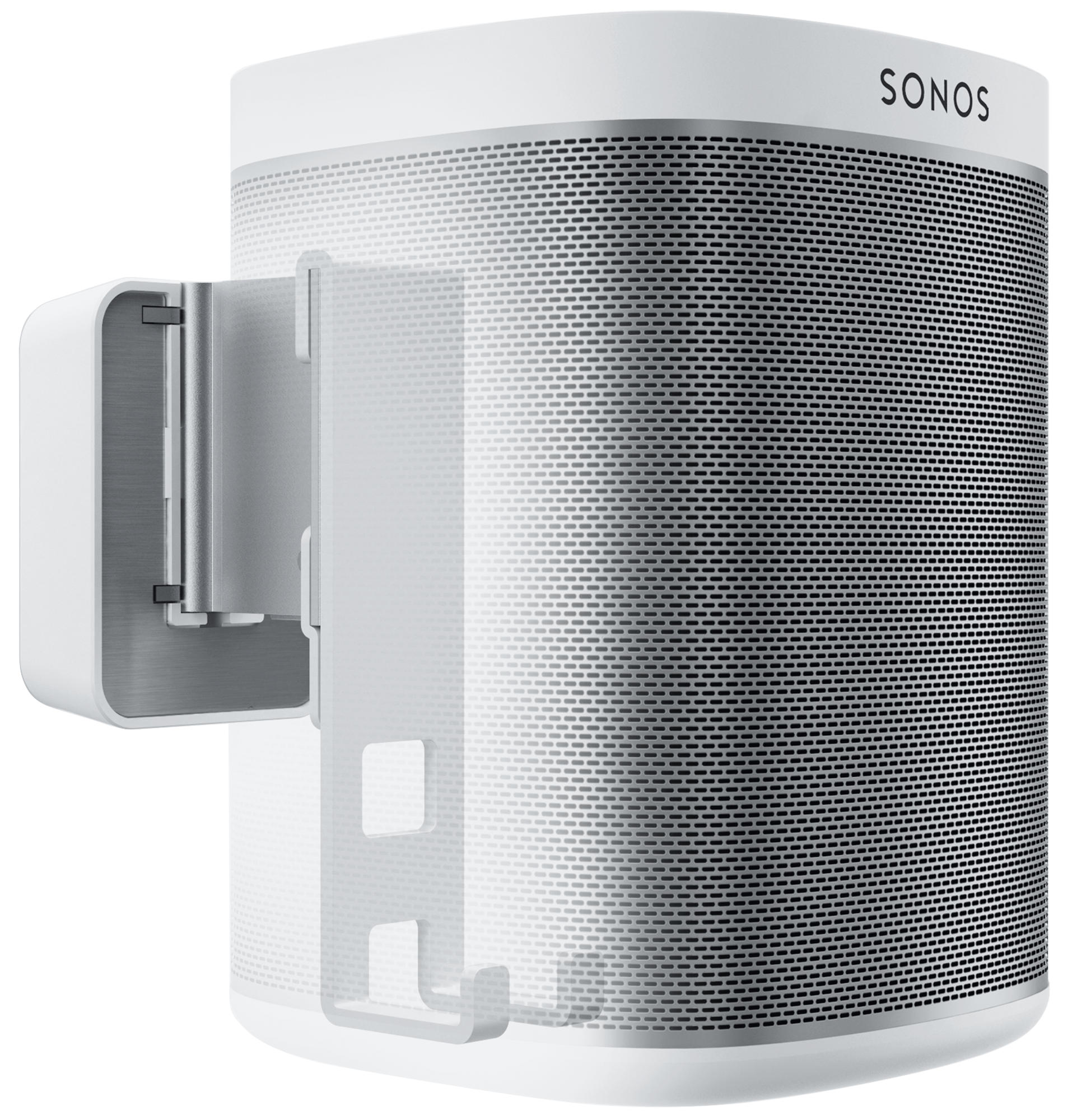 Weißer Sonos-Lautsprecher und Wandhalterung mit grauem Metallbügel. Weißer Hintergrund, Studioaufnahme.