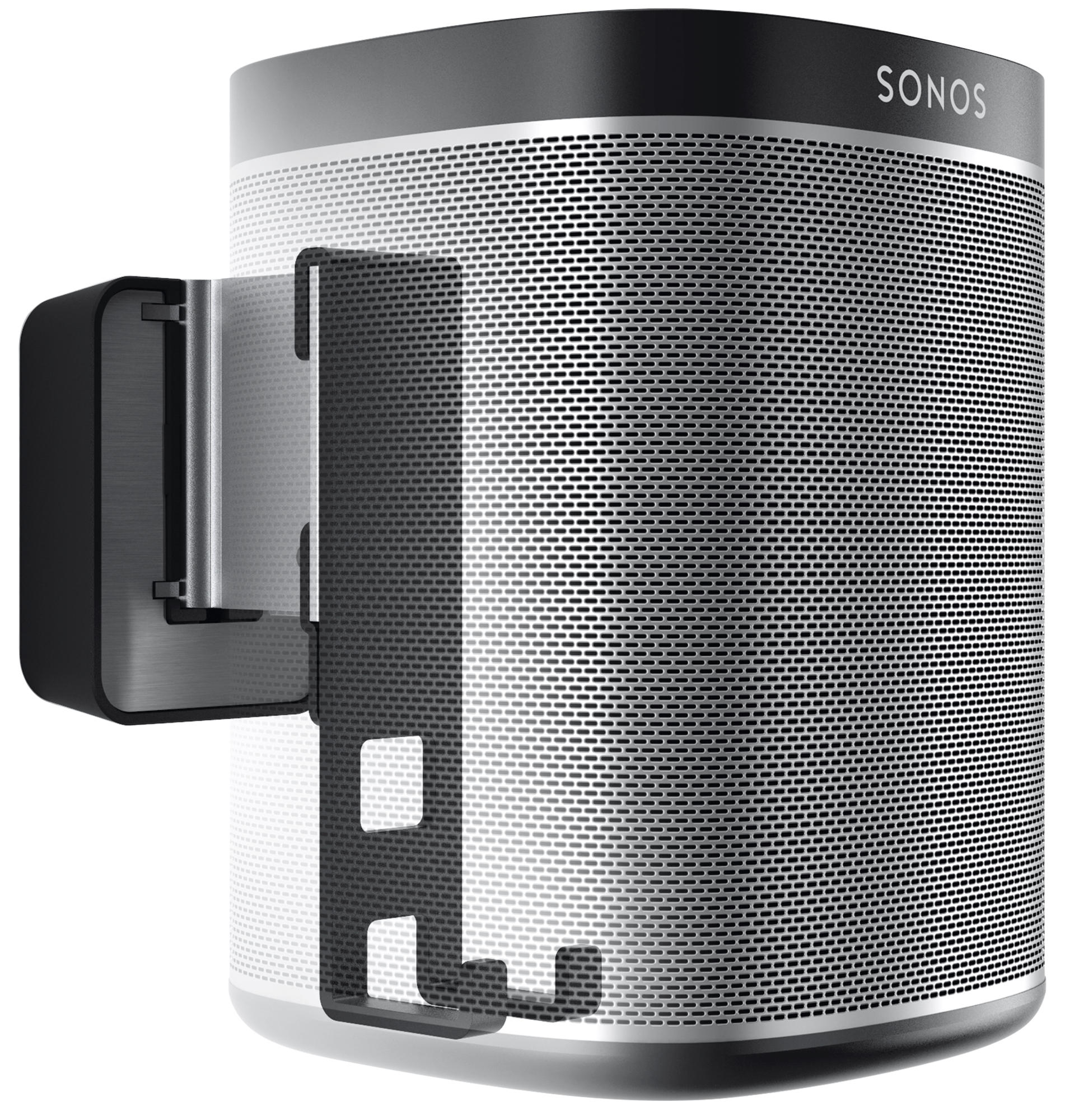 Sonos-Lautsprecher an einer Wandhalterung befestigt. Der Lautsprecher ist schwarz und silber.