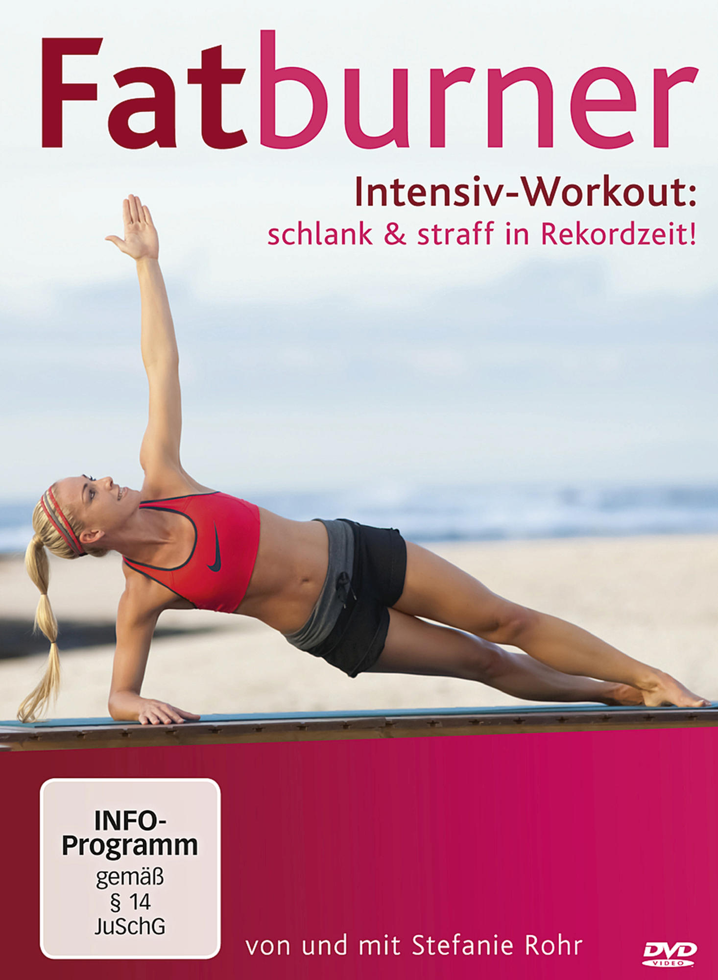 DVD-Cover einer Frau in Sportkleidung, die am Strand trainiert. Der Titel lautet "Fatburner".