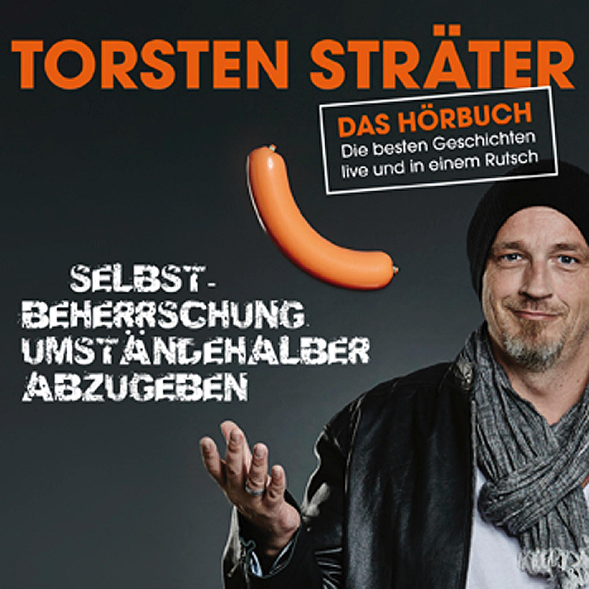 Albumcover: Mann mit Wurst, Text auf Deutsch, dunkler Hintergrund.