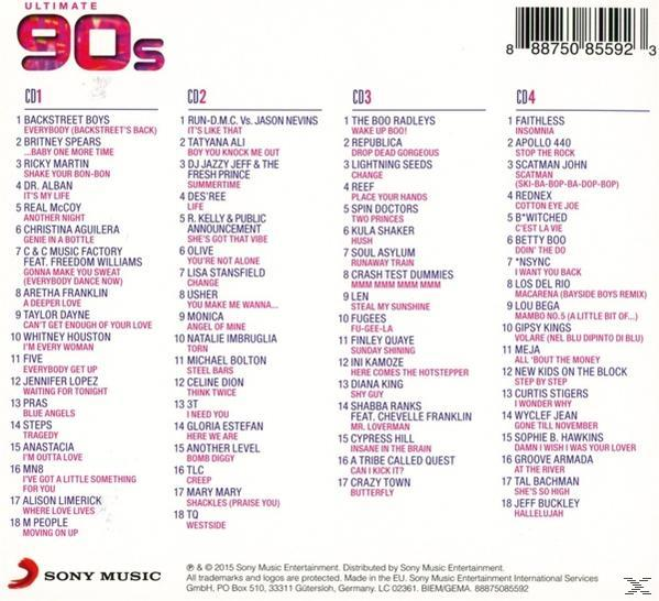 Albumcover mit Titelliste der 90er-Musik. Das Cover ist farbenfroh mit CD1, CD2, CD3 und CD4.