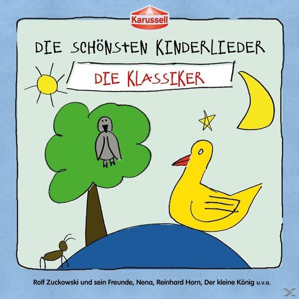 Kinderalbumcover, Illustrationen von Sonne, Mond, Baum, Vogel und Ente.