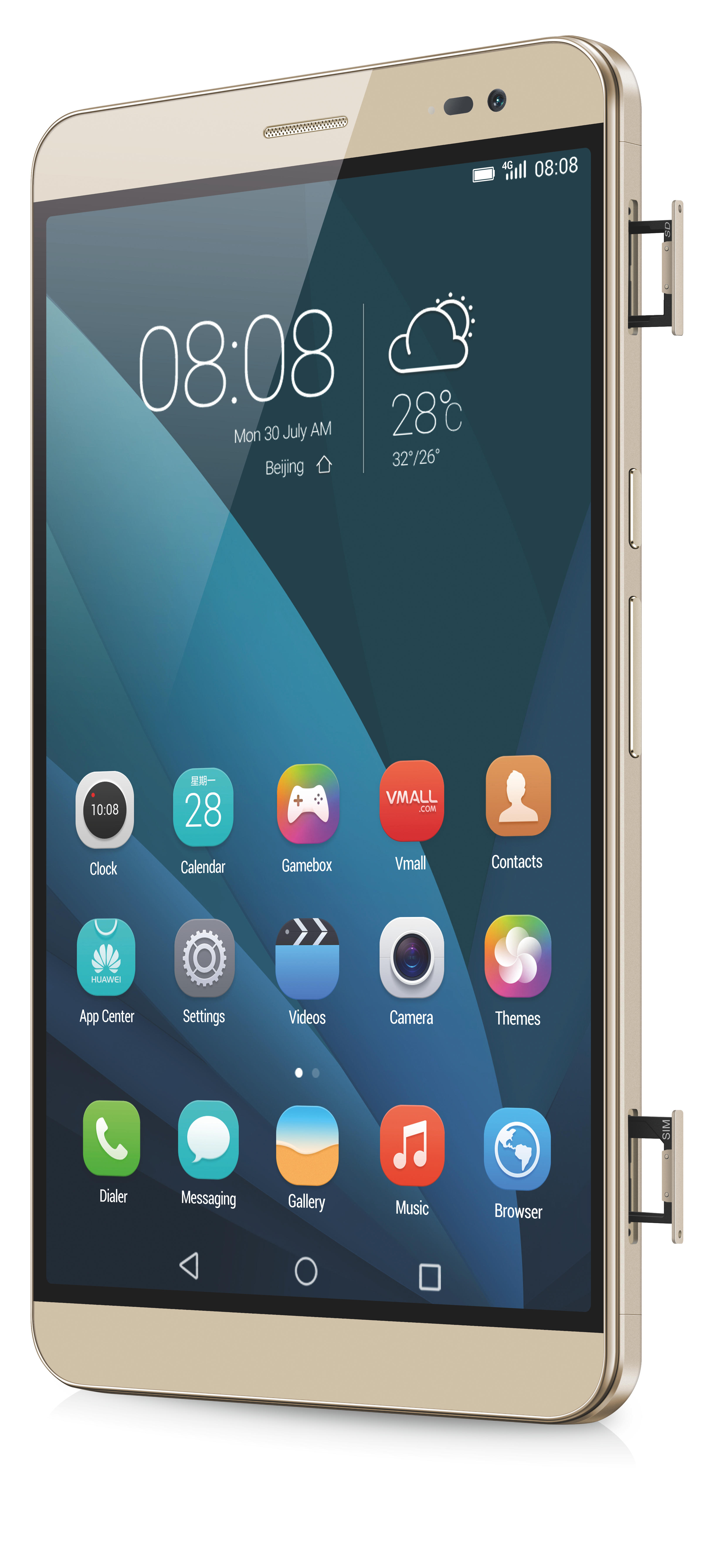 Goldenes Smartphone mit einem Bildschirm, der Symbole und Uhrzeit anzeigt. Die Seite zeigt SIM-Karten-Steckplätze.