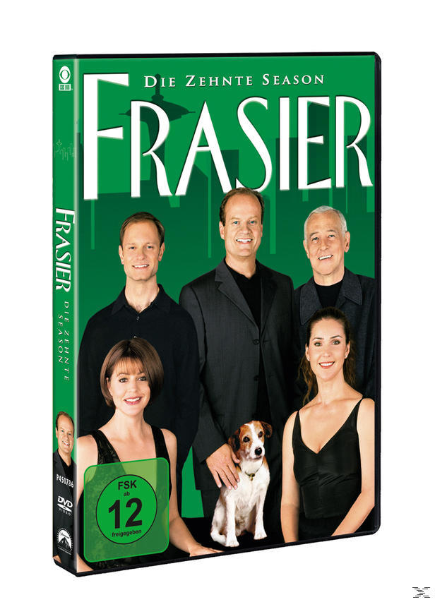 DVD-Cover: Besetzung von Frasier, mit Hund auf grünem Hintergrund.