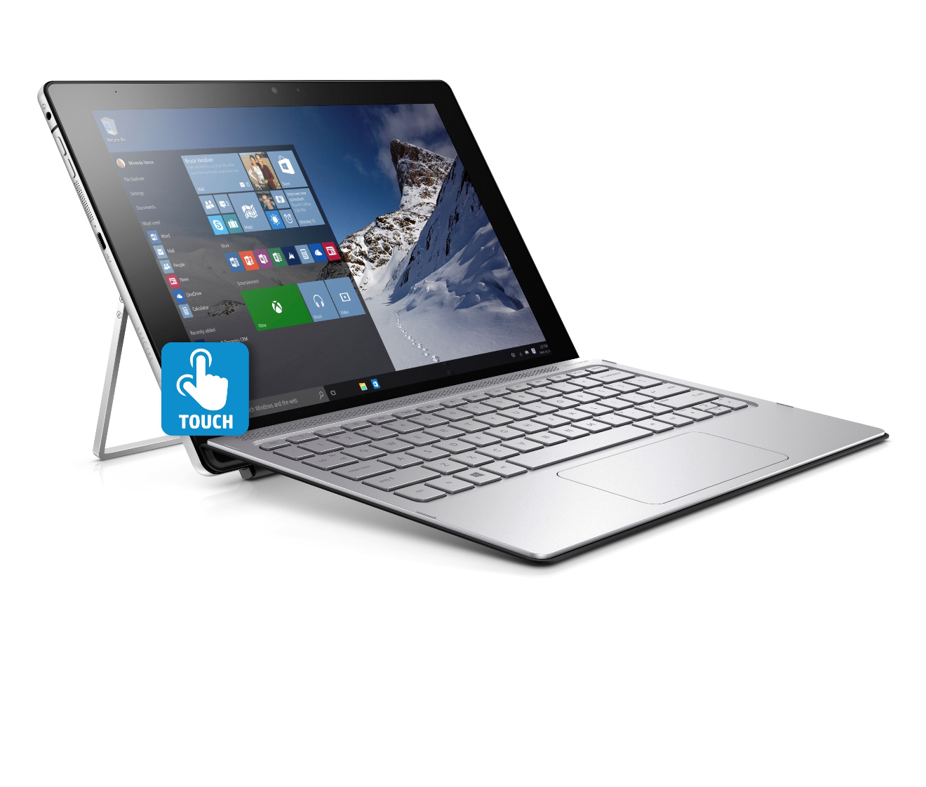 Ein silbernes Touchscreen-Tablet mit abnehmbarer Tastatur, Ständer und dem Windows-Startmenü auf dem Bildschirm.