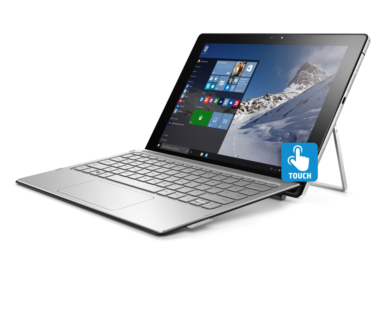Ein silbernes Tablet mit angeschlossener Tastatur und Touch-Symbol auf dem Bildschirm.