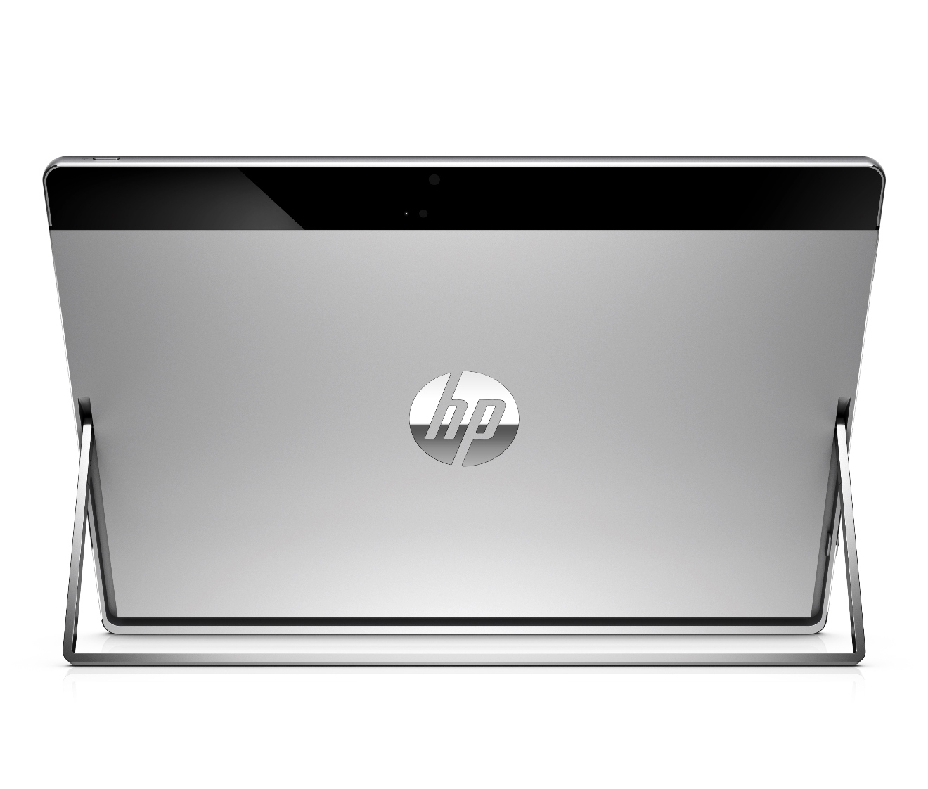 Rückansicht eines silbernen HP-Tablets mit ausgeklapptem Standfuß auf weißem Hintergrund.