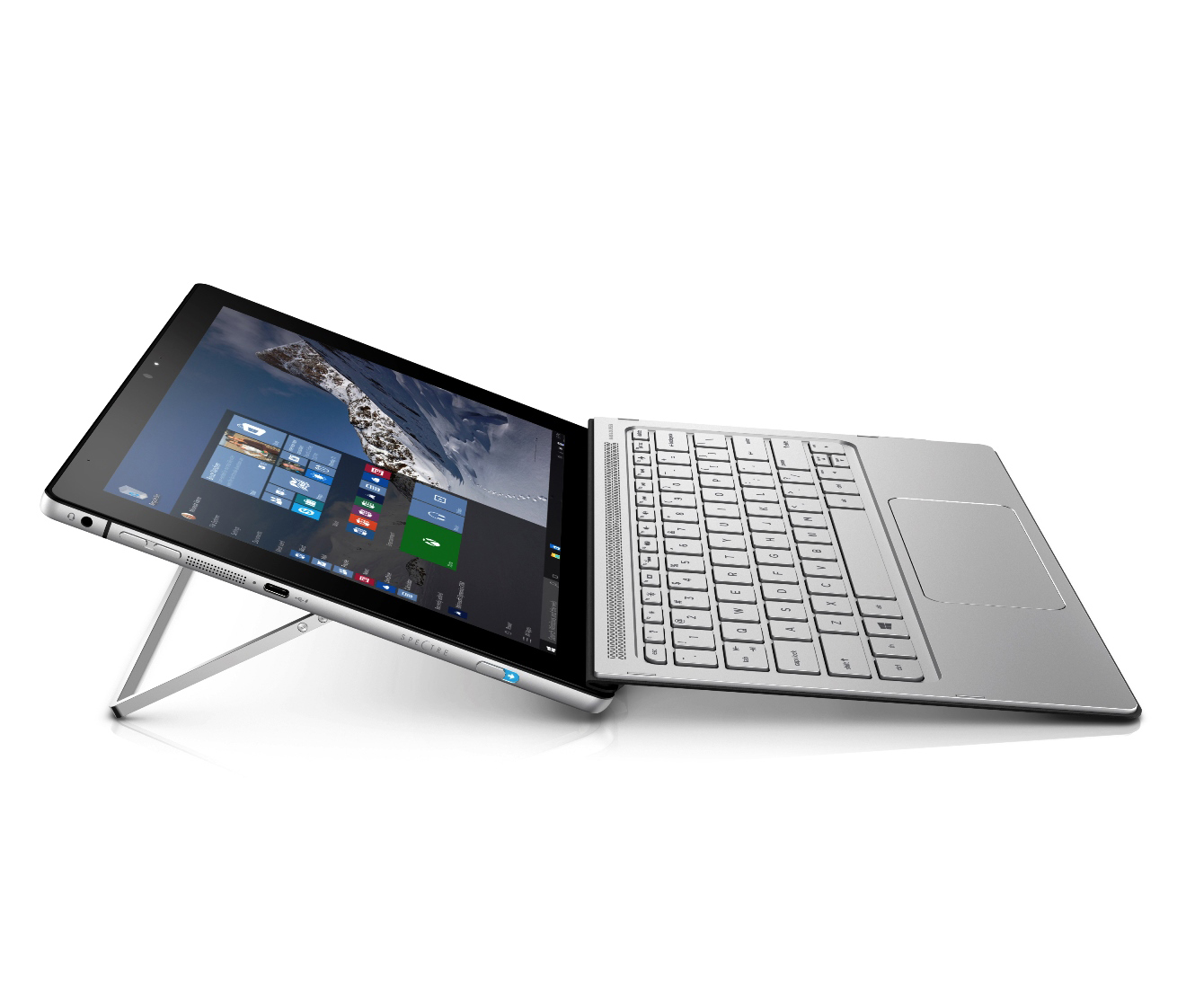 Ein silbernes 2-in-1-Laptop mit abnehmbarer Tastatur und geöffnetem Windows-Bildschirm auf weißem Hintergrund.