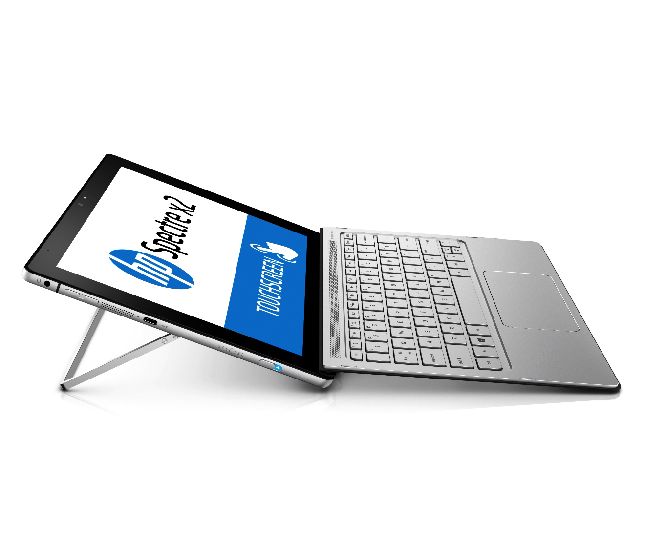 HP Spectre x2 Tablet mit Ständer und abnehmbarer silberner Tastatur auf weißem Hintergrund.