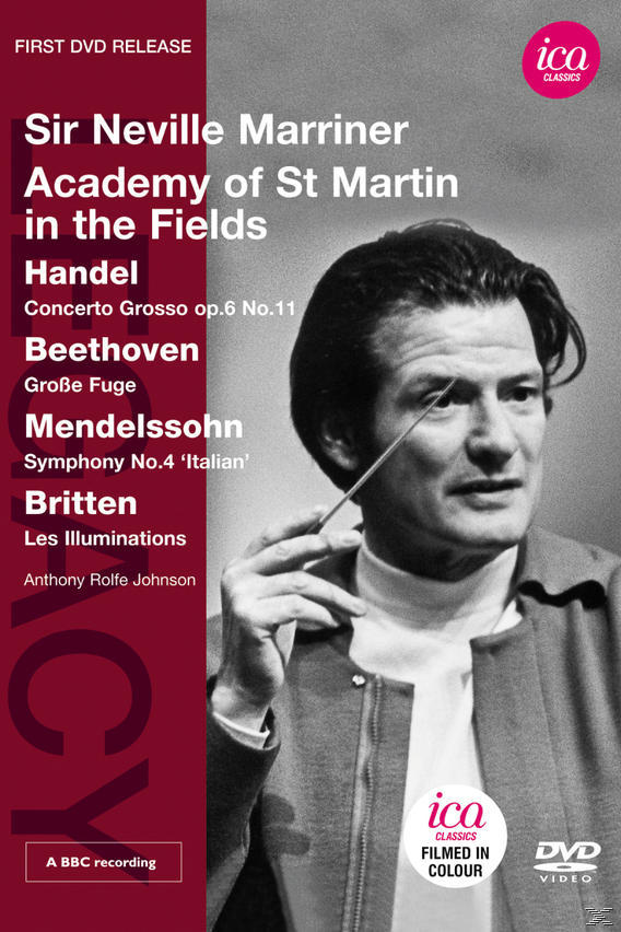 DVD-Cover von Sir Neville Marriner, der dirigiert. Ein Mann hält einen Dirigentenstab, mit Text über Händel, Beethoven und Mendelssohn.