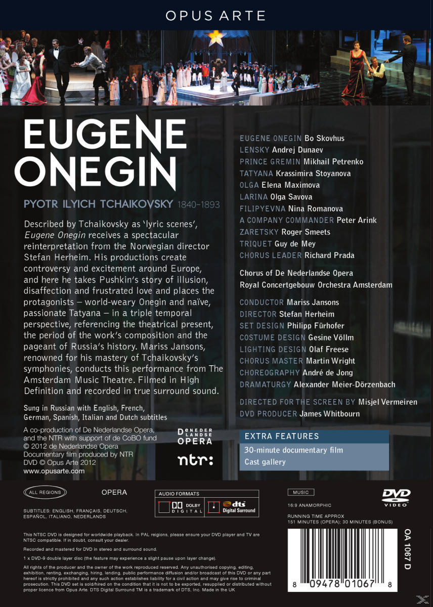 DVD-Cover für die Oper Eugen Onegin. Enthält Besetzung, Credits und ein Bild der Opernaufführung.