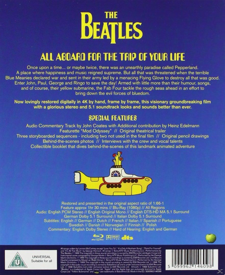 Sárga tengeralattjáró rajzfilm a filmborítón. Szöveg: The Beatles, All Aboard for the Trip of Your Life.