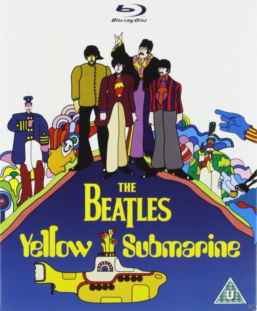 A Yellow Submarine Blu-ray lemezborítója. A Beatles rajzfilmfiguraként vannak ábrázolva. Egy sárga tengeralattjáró található a cím alatt.