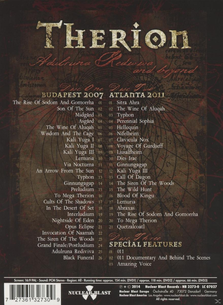 Therion DVD-Rückseite. Trackliste, einschließlich Songtitel, wird angezeigt.