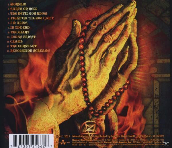 Albumcover mit gefalteten Händen, die einen Rosenkranz halten, mit Albumtitel und Trackliste.