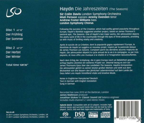 CD-Rückseite mit Text und Informationen über das London Symphony Orchestra und Haydns Die Jahreszeiten.