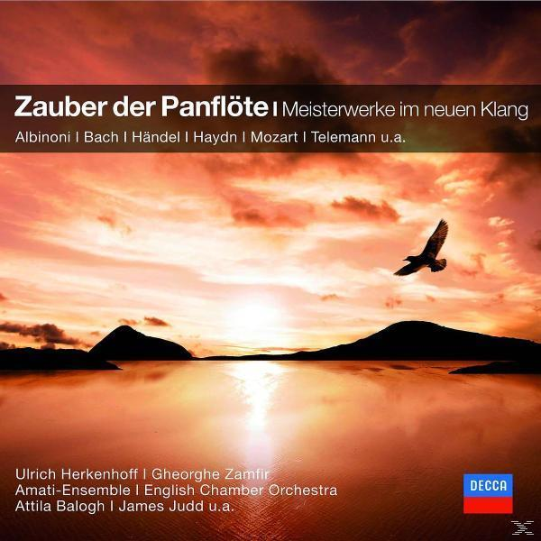 Albumcover mit Text: 'Zauber der Panflöte' und Namen von Komponisten. Ein Vogel fliegt.